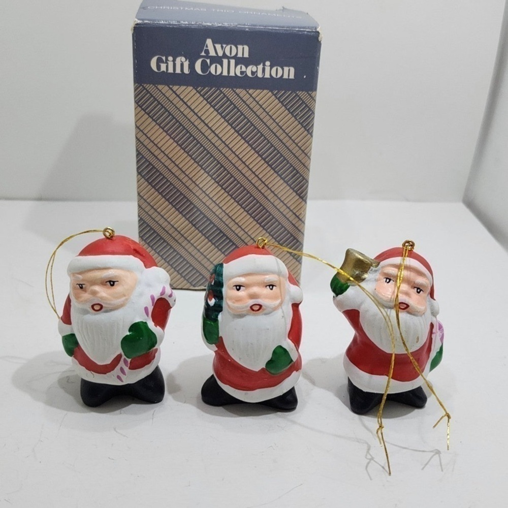 Vintage 1980s Avon "CHRISTMAS TRIO" Set of 3 Ceramic Santa Ornaments